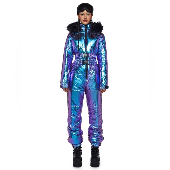 Dolls Kill Jackets & Blazers - Holographic Sky Snowsuit - Blue